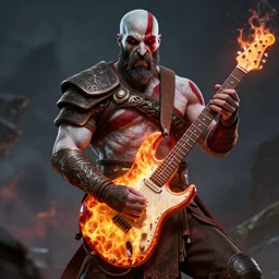 red facial stripe armored screaming kratos rocking hard on a flaming stratocaster guitar, cinematic render, god of war 2 0 1 8, playstation studios official media, lightning, flames, clear, coherent, guitar, guitar
