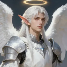 closeup portrait of a young beautiful calm and pious male aasimar paladin with white hair wearing white vestments under armor, pensive and hopeful expression, illustration, painterly, WLOP, Greg Rutkowski, intricate, masterpiece, angelic sharp, digital art, halo halo halo halo 8k