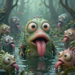 of an intricate murky hazy swamp with strange cute pudgy creatures with huge eyes, long tongue and big nose appearing from the waters, in the style of jeff koons, macro lens, shallow depth of field, highly detailed, digital painting, trending artstation, concept art, illustration, cinematic lighting, vibrant colors, photorealism, epic, octane render