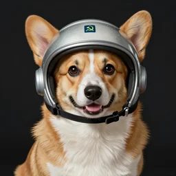 a realistic portrait of the soviet space dog, artwork by gaston bussiere, akira, trending on artstation, breed corgi wearing helmet