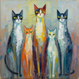contemporary semi abstract acrylic painting of really tall cats by william turner, by greg rutkowski, kessler art, thick brush strokes and visible paint layers, multicolor color scheme