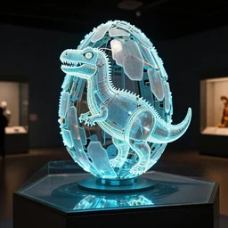 tron dinosaur egg made up of glowing electric plates. museum exhibit on glowing glass pedestal. cinestill