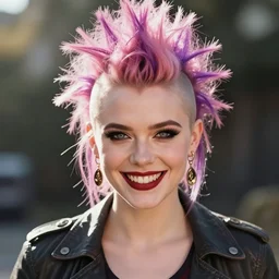 Joshua Middleton comic art, pretty female Elle Fanning, punk rocker, evil smile, symmetrical face, symmetrical eyes, pink and purple mohawk hair, full body:: sunny weather::