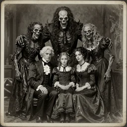vintage photograph monochrome plate, monstrous mutant victorian family of cenobite people posing with grotesque lovecraftian entities, distressed old photo, slight sepia tone, horror, wet, madness