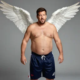 fat gamer adam sandler wearing gamer shorts. the angel is flying.