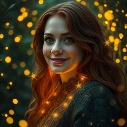 danny devito, serene smile surrounded by golden firefly lights, amidst nature fully covered by a intricate detailed dress, long red hair, precise linework, accurate green eyes, small nose with freckles, smooth oval shape face, empathic, expressive emotions, dramatic lights spiritual scene, hyper realistic ultrafine art by artemisia gentileschi, jessica rossier, boris vallejo