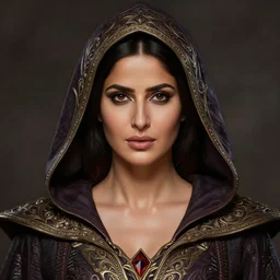 head-on centered symmetrical painted portrait, Katrina Kaif as a D&D Thunder Sorcerer, hood, intricate fantasy robes, fantasy, intricate, elegant, highly detailed, digital painting, smooth, sharp focus, illustration, dramatic lighting, artstation, in the style of Artgerm and Anna Podedworna and Alex Ross