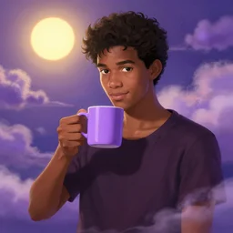 portrait of a ( ( ( una taza de cafe grande y morada ) ) ), ( ( guapo joven caliente mulato pelo desvanecido ) ), nubes y magia, el sol, concept character, by greg rutowski and tezuka and oi and mucha and bierstadt and remington, trending on artstation