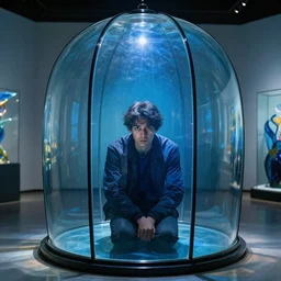 a room made of glass in style of dale chihuly. a man is trapped in a glass ovoid prison. the man stares at the viewer with eyes full of pensive regret. the glass is 1 2 8 shades of blue
