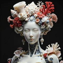 hyper detailed ultra sharp portrait of a beautiful fashionable porcelain well contoured ivory fair smooth deep cyberpunk scifi mechanoid, up close shot, sharp focus, global illumination, radiant light, black sophisticated large haute couture corals seashells flowers headdress made of white sponge red corals, brackets, mushrooms, puffballs, rhizomorphs, alexandre ferra, irakli nadar, octane render, 4 k, ultra hd,