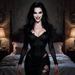 gorgeous sarah michelle gellar, evil dead movie, full body shot, torn black dress, evil smile, spooky, illustration, symmetrical face realistic symmetrical eyes, bedroom setting, cinematic lighting, artgerm, hyperdetailed, charlie bowater, beautiful, elegant, diego fazio, steve niles