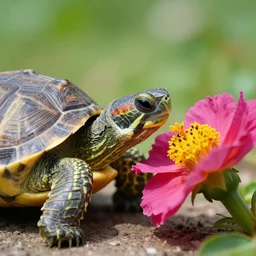 a picture of a turtle in love with a flower, vivid colours, depth of field, 50mm