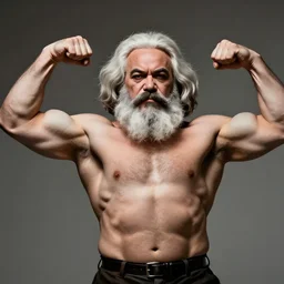 a portrait photo of a buff! ripped! muscular! Karl Marx flexing his biceps, high quality, 8k, flickr