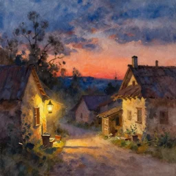 paint brush strokes, abstract watercolor painting of rustic village at nightfall, lantern, ambient lighting, art by hans dahl, by jesper ejsing, art by anders zorn, wonderful masterpiece by greg rutkowski, cinematic light, american romanticism by greg manchess, creation by tyler edlin