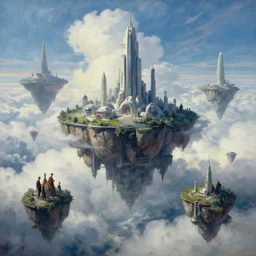 cinematic view of a science - fiction cloudscape, surreal, masterpiece, floating islands deep in clouds with futuristic skyscrapers on them, tim hildebrandt, wayne barlowe, syd mead, john harris, bruce pennington, donato giancola, larry elmore, oil on canvas, artstation, pixiv, cinematic composition, dramatic, beautiful lighting, sharp, details, hd, hdr, 4 k