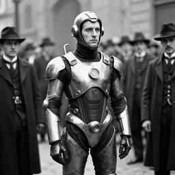 a time traveler dressed in a futuristic experimental suit, among 1 9 2 0 s people. in a black and white historical picture, leica, grainy