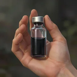 detailed digital art of a normal hand holding a single tiny unlabeled clear medicine bottle half-full of mysterious black liquid; magic the gathering art by Volkan Baga, rk post, Lindsey Look, artstation