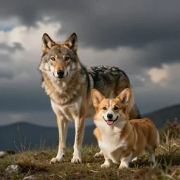 A direwolf and corgi mixed dog, photography