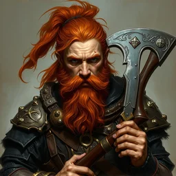 a red head bearded young fantasy dwarf warrior, black and bronze armor, axe and flint carbine, portrait by alex horsey and daniel docciu and dave dorman and jeff easley