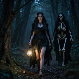 a photo of woman elf walks in night forest holding lantern in hands hunted by dark fairy demon ghost of death black skeleton in cloak hood, front view