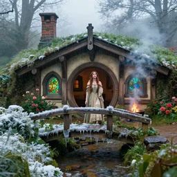 beautiful woman in medieval hobbit house, ornate, beautiful, atmosphere, vibe, mist, smoke, fire, chimney, rain, wet, pristine, puddles, melting, dripping, snow, creek, lush, ice, bridge, green, stained glass, forest, roses, flowers, by stanley artgerm lau, greg rutkowski, thomas kindkade, alphonse mucha, loish, norman rockwell