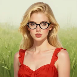 portrait of a woman with black oval glasses, blonde - hair, red summer dress, grass field background, intricate, elegant, highly detailed, digital painting, artstation, concept art, smooth, sharp focus, illustration, by anato finnstark, boissb - blanca. j, cindy avelino, clint cearley, anna podedworna
