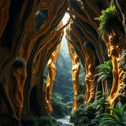 photography of a sculpture made of gold in the jungle, beautiful great arches and spaces, massive scale, architectural photography by iwan baan