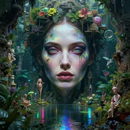 detailed face of a woman, lush, opulent, walled garden, utopian, tech noir, wet reflections, prism, atmospheric, ambient, pj crook, syd mead, livia prima, artgerm, greg rutkowski, nick alm, casey baugh