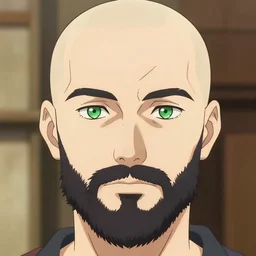 beautiful anime of bold head with shaved beard and green eyes, by sherree valentine daines, peter mohrbacher, alice neel, donato giancola, mike winkelmann, laurie greasley. trending on artstation, 8 k, masterpiece, graffiti, fine detail, full of color, intricate detail, golden ratio illustration, face detail