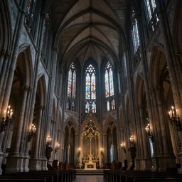 inside of highly detailed gothic church, dark, epic, magical light, 8k octane render