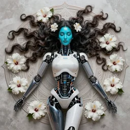 a beautiful intricate fine art portrait photo of an indian cyborg with bionic implants, epic wavy hair spread out around her lined with white hibiscus, lying on a mandala, by natalie shau and cyril rolando, masterpiece!, turquoise blue face, futuristic robot body, top view, studio lighting, golden ratio composition, 3 5 mm lens, deep depth of field, artstation, 8 k