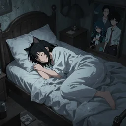 daz 3 d cat sleep on a bed in a cozy room - poster by wlop, kiyohara tama, krenz cushart, masamune shirow, makoto shinkai, yanjun cheng. featured on pixiv, ghilbi studio, anime aesthetic, pixiv, cold tones, artstation, vanitas, official art, gothic dark noise film photo - up