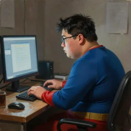 an insanely detailed painting of a slightly chubby, nerdy asian man wearing a superhero costume, sitting at a desk, staring at the nervously at the computer and typing, in the style of peter mohrbacher, dramatic lighting and composition, octane render, pixar, trending on artstation, concept art, comic book, view from behind