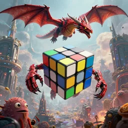 by oka yasutomo and anna dittmann, visually stunning, cinematic, ultra realistic, hyper realism, 1 2 k, epic, octane render, unreal engine, vfx, maya, rubik's cube is a 3 / 3 creature with flying and first strike, rlovecraftian mechanized funny crazy monsters, a red dragon flying in the sky, inside a futuristic magical elven city, spaghetti monster