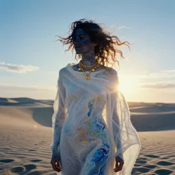 filmstill photography of female body sulhouette covered with curly white translucent blanket blowing in wind, acrylic liquid colors, luxurious supermodel photoshooting, golden jewelry, bokeh, godrays, strong wind, wrinkles, sunrays, sunset, lens flares, monet, painting by renoir, cold colors, sand dunes, fresco by michaelangelo, art noveau