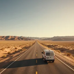 a shot of one van driving into the distance on a deserted desert highway in nevada, opening cinematic of a blockbuster video game, rendered in unreal engine, cinematic lighting, concept art, loneliest highway, 8 k, ultra real, golden hour
