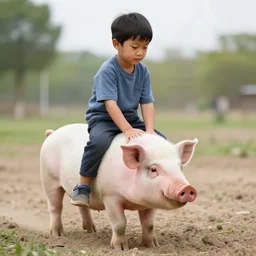 a boy riding a pig. stock photo