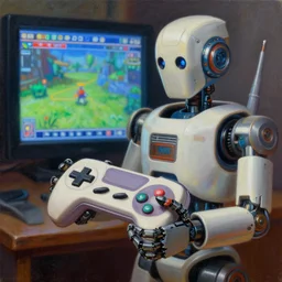 an elaborate robot holding a retro game controller in its hand, on screen video game shown in background, intricate details, hyperrealistic oil painting on canvas, deep depth field, hd, hdr, 4 k, 8 k,