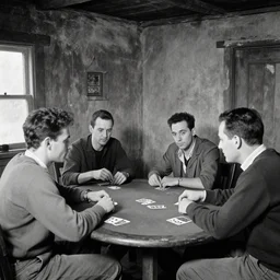 old photo of criminals playing poker in a small worn out cottage. black and white.