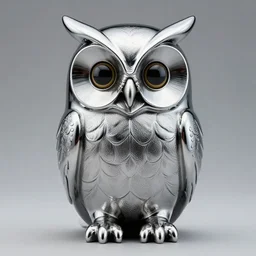 symmetrical detailed sculpture of an owl, made of Shiny Chromium