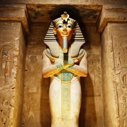 photograph of an ancient egyptian statue of junie b jones inside an ancient tomb, kodachrome