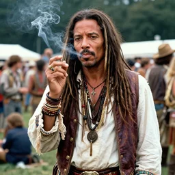 a still of samuel l jackson dressed like a hippie smoking at woodstock 9 9