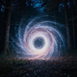 photograph of an interdimensional vortex appearing on the ground in a forest at midnight, high detail, ethereal, electric, 4 k