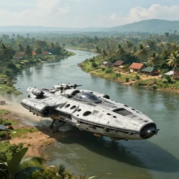 a militarised spaceship parked near a river in a kerala village, photorealistic, 4k, matte painting, trending on artstation, cinematic by Christopher Nolan, horizon forbidden west