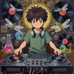 surreal gouache painting, by yoshitaka amano, by ruan jia, by Conrad roset, by good smile company, detailed anime 3d render of an chemical magical DJ,  Surrounded by magical Dragonflies and Vinyl records close to the DJ Mixer, deck , controller, portrait, cgsociety, artstation, rococo mechanical and Digital  and electronic, dieselpunk atmosphere