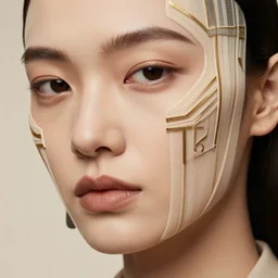 close up of face of female fashion model, art - deco style, beige colors, official jil sander editorial, highly detailed