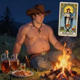 a serene, ethereal painting of a handsome mischievous thicc shirtless cowboy with a beer belly | night scene with campfire | food and jugs of whisky in the foreground | tarot card, art deco, art nouveau | by charles maurice detmold | trending on artstation