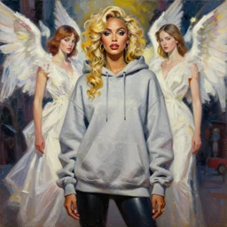 yolandi visser in the style of martine johanna and donato giancola, wearing hoodie, madonna surrounded by angels, street fashion,!! haute couture!!, full figure painting by john berkey, david choe, ismail inceoglu, gorgeous features, detailed impasto brushwork