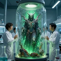 photo of scientists watching a evel god in culture capsule, laboratory, bio chemical, hyperealistic, detailed photography, divinity, awful, sci - fi, green light