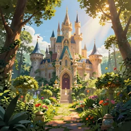 magical castle in the forest behind a garden, concept art, digital painting, style of jordan grimmer, warm lighting, futuristic, volumetric lighting, view from below, vivid colours, bright, daytime, godrays, high detail